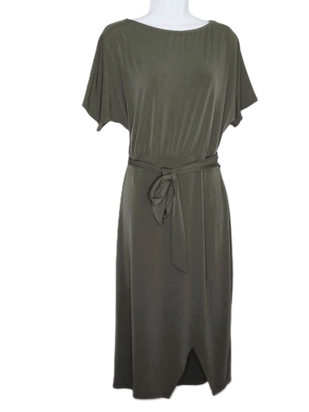 Kensie Midi Dress Grayish Olive Short Sleeve Belt Flowy Career Casual Stretch L